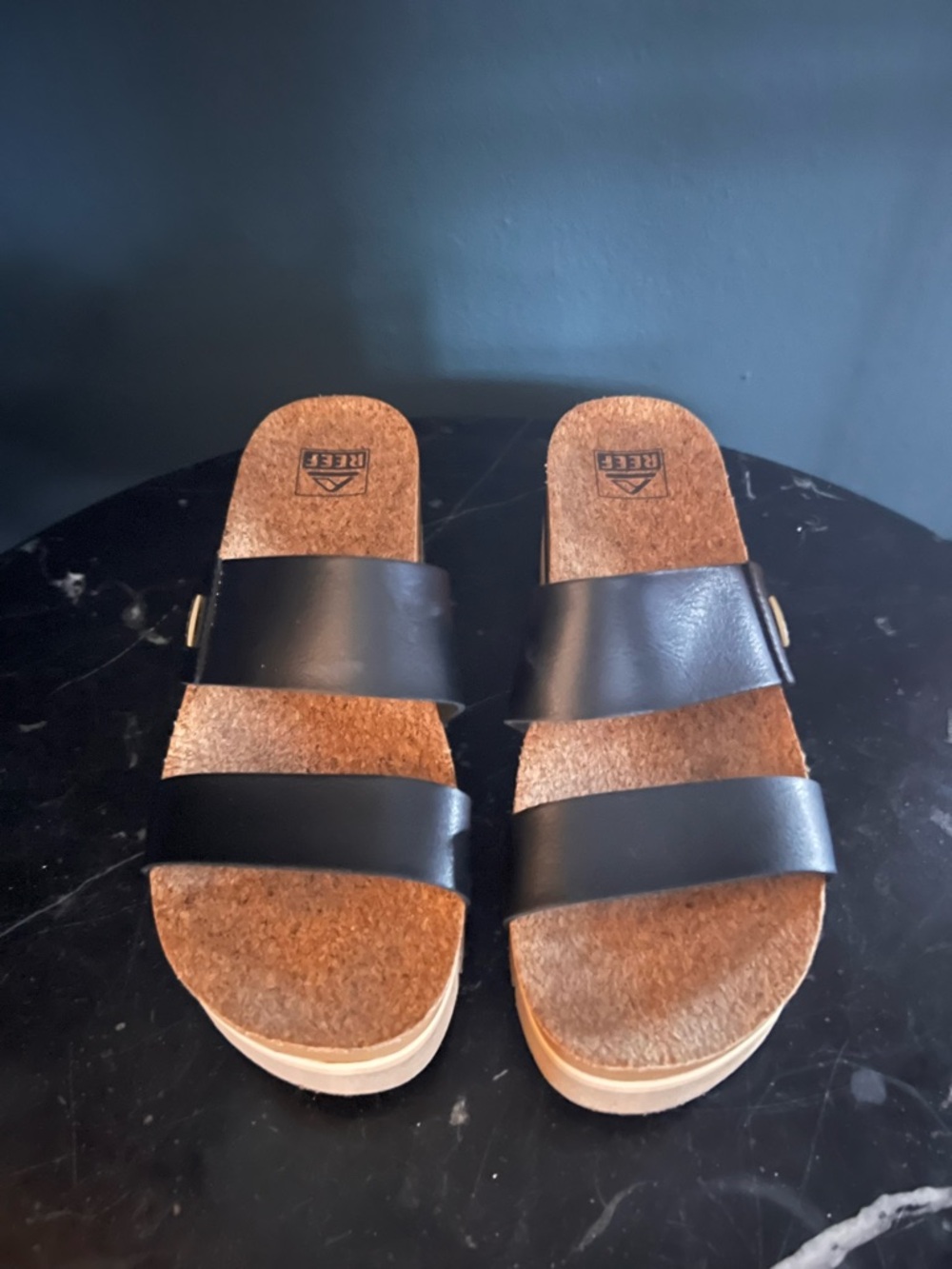 Reef Black Double-Strap Platform Sandals with Tan Sole - Picture 7 of 14